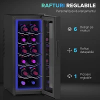 HOMCOM Frigider pentru 12 sticle cu Control Dublu al Temperaturii, Rafturi Reglabile și Iluminare, Negru(m-6)