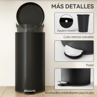 HOMCOM Papelera de Cocina 30L con Pedal Tapa de Cierre Suave y Cubo Extraíble para Dormitorio Oficina Estudio Salón Negro(m-7)