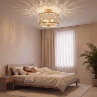HOMCOM Plafonnier en Cristal Moderne Rond, Lustre Plafonnier avec Abat-jour, 3 Ampoules E14, Ø 39 x 34 cm, Doré(m-9)