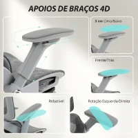 HOMCOM Cadeira de Escritório Ergonômica com Apoios de Braço 4D, Apoio de Cabeça e Profundidade do Assento Ajustáveis Malha Cinza(m-7)