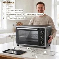 HOMCOM Mini-Four Électrique avec Broche Rotative 46L 1800W, Four à Convection Multifonction, Chaleur Tournante, Minuterie, Noir(m-3)