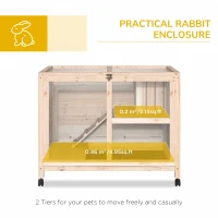 PawHut Rabbit Hutch Indoor with Wheels, Wooden Guinea Pig House Hamster Cage, 2 Layers Bunny Cage with Openable Roof, Transparent Panel, 91.5 x 53.3 x 73 cm, Natural(m-4)