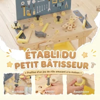 AIYAPLAY Établi en Bois pour Enfants avec 28 Accessoires, Boîte de Rangement, Établi d'Imitation dès 3 à 8 Ans, Naturel(m-4)