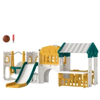 AIYAPLAY Ensemble Toboggan et Balançoire 11 en 1 Enfants, Aire de Jeux Intérieure, Maisonnette, Panier de Basket, 1-4 Ans, Jaune(m-18)