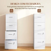 HOMCOM Gaveteiro de Escritório com 4 Gavetas Fechadura e Suportes Ajustáveis para Documentos A4 e Letter Branco 40x42x130,8 cm Branco(m-6)