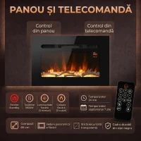 HOMCOM Șemineu Electric de 60 cm, Încastrat sau de Perete, 1800 W, Temporizator 24 de Ore, Flacără Reglabilă, Cristale(m-6)