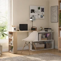HOMCOM Mesa de Computador Secretária Mesa de Canto Giratória 360° com 5 Prateleiras 120x110x74,5 cm Madeira e Branco(m-6)