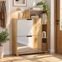 HOMCOM Schuhschrank 10 Paar, Schuhschrank, Spiegeltür, 2 Klappfächer und offene Fächer, Eiche(m-4)