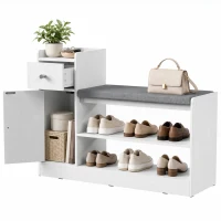 HOMCOM Schoenenbank met zitkussen, lade en open vakken, halbank, 90 x 29,8 x 67,8 cm, wit(m-15)