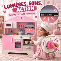 AIYAPLAY Cuisine Enfant avec Lumières et Sons, Cuisine de Jeu avec Tiroir en Tissu et 5 Accessoires, pour Enfants 3-6 Ans, Rose(m-5)