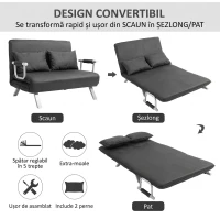 HOMCOM Canapea Pat 2 Locuri din Imitatie de Piele și Oțel cu Spătar Reglabil în 5 Poziții, 105x80x78 cm, Gri(m-4)