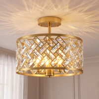 HOMCOM Plafonnier en Cristal Moderne Rond, Lustre Plafonnier avec Abat-jour, 3 Ampoules E14, Ø 39 x 34 cm, Doré(m-17)
