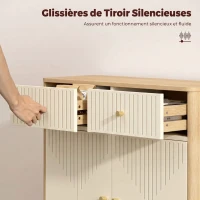HOMCOM Buffet, meuble de rangement cannelé avec plateau effet chêne, 2 tiroirs, 2 portes, étagère réglable, 77x30x80cm, crème(m-5)