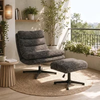 HOMCOM Sessel mit höhenverstellbarem Fußhocker 360° drehbarer Chenille-Lesesessel Breiter Sitz Dicke Polsterung Grau(m-5)