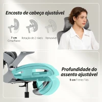 HOMCOM Cadeira de Escritório Ergonômica com Apoios de Braço 4D, Apoio de Cabeça e Profundidade do Assento Ajustáveis Malha Cinza(m-6)