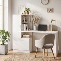 HOMCOM Scrivania per Computer con Libreria e Armadietto, 150 cm, Bianco(m-9)