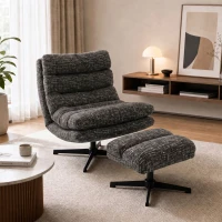 HOMCOM Sessel mit höhenverstellbarem Fußhocker 360° drehbarer Chenille-Lesesessel Breiter Sitz Dicke Polsterung Grau(m-2)