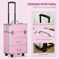 HOMCOM Husa pentru calatorii de machiaj, carucior mare de depozitare pentru produse cosmetice, portbagaj pentru carucior de calatorie cu blocare cu tavi pliabile, roti pivotante si chei, roz(m-5)