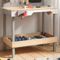 AIYAPLAY Banco da Lavoro per Bambini in Legno con Set di Attrezzi 15 Pezzi, Orologio, Lavagna, Ripiano, 3-6 Anni, Grigio(m-5)