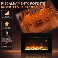 HOMCOM Caminetto Elettrico 60 cm da Incasso o Parete, 1800W, Timer, Fiamma Regolabile e Telecomando, Nero(m-4)