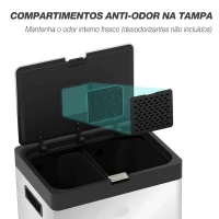 HOMCOM Caixote do Lixo de Cozinha 3 Compartimentos 2x18L+20L (56L) em Aço Inoxidável com Rodas e Tampa de Fecho Suave, Prateado(m-5)
