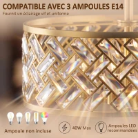 HOMCOM Plafonnier en Cristal Moderne Rond, Lustre Plafonnier avec Abat-jour, 3 Ampoules E14, Ø 39 x 34 cm, Doré(m-5)