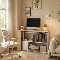 HOMCOM Mesa de Computador Secretária Mesa de Canto Giratória 360° com 5 Prateleiras 120x110x74,5 cm Madeira e Branco(m-2)