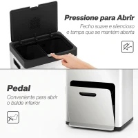 HOMCOM Caixote do Lixo de Cozinha 3 Compartimentos 2x18L+20L (56L) em Aço Inoxidável com Rodas e Tampa de Fecho Suave, Prateado(m-7)