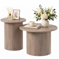 HOMCOM Lot de 2 Tables Basses Rondes en Bois, Table d'Appoint Moderne avec Base en Colonne Cannelée, Effet Bois Café Vieilli(m-17)