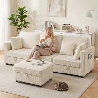 HOMCOM Canapé Chaise Longue 3 places avec Rangement et Ottomane Réversible en Velours Côtelé 235x153x85 cm blanc crème(m-4)