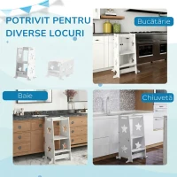 AIYAPLAY Scară Montessori Convertibilă în Set Masă și Scaune cu Bară de Siguranță, din Lemn, 60x44,5x86 cm, Alb(m-7)