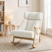 HOMCOM Fauteuil à bascule recouvert sherpa avec appuie-tête réglable et pieds en bois 65x98x88 cm Crème(m-2)