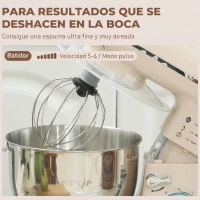 HOMCOM Batidora Amasadora 4,5L 1300W 6 Velocidades Bol de Acero Inoxidable Batidor Gancho Varilla Beige(m-7)