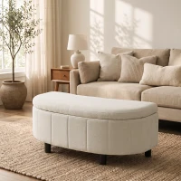HOMCOM Panca Contenitore Semicircolare in Ciniglia 118x45x44cm, Seduta Imbottita 2 Posti, Coperchio Sollevabile, Crema(m-9)
