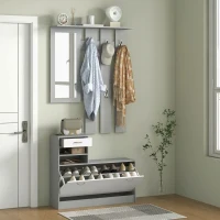 HOMCOM Suport mobil pentru haine 3 în 1 cu raft pentru încălțăminte și oglindă, cârlige și sertare, din lemn, 90x10x102 cm, alb și gri(m-7)