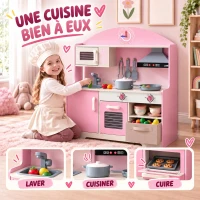 AIYAPLAY Cuisine Enfant avec Lumières et Sons, Cuisine de Jeu avec Tiroir en Tissu et 5 Accessoires, pour Enfants 3-6 Ans, Rose(m-4)