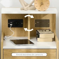 HOMCOM Noptieră modernă cu 2 prize, 2 porturi USB și sertar din PAL, 40x40x60cm, culoare lemn(m-7)