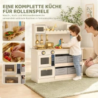 AIYAPLAY Kuchnia dla dzieci drewniana kuchnia zabawkowa z akcesoriami z oświetleniem & dźwiękiem materiałowe szuflady mikrofalówka kuchenka kran półka(m-4)