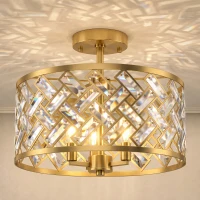 HOMCOM Plafonnier en Cristal Moderne Rond, Lustre Plafonnier avec Abat-jour, 3 Ampoules E14, Ø 39 x 34 cm, Doré(m-15)