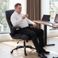 HOMCOM Office Chair, 180kg Heavy Duty PU Leather Computer Desk Chair with Flip-Up Armrests, Wide Seat, Spring Cushion, Black(m-9)