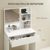 HOMCOM Masă de Machiaj cu 3 Rafturi și Sertare, Oglindă și Taburet, din PAL, 75x40x137 cm, Alb(m-6)