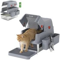 PawHut 3 en 1 Litière pour Chat Fermée Grande 49L en Acier Inox avec Couvercle, Pelle, Plateau, 2 Conteneurs, Gris(m-7)
