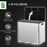HOMCOM Pattumiera Differenziata 45L con 3 Scomparti a Chiusura Silenziosa, in Acciaio Inox e PP, 61.9x36.6x43.2 cm, Argento(m-6)