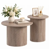 HOMCOM Lot de 2 Tables Basses Rondes en Bois, Table d'Appoint Moderne avec Base en Colonne Cannelée, Effet Bois Café Vieilli(m-16)