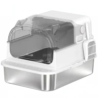 PawHut Arenero para Gatos de Acero Inoxidable XXL con Tapa Extraíble 3 en 1 Borde Alto Pedal Pala Diseño Desmontable Blanco(m-1)
