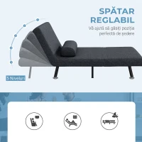 HOMCOM Fotoliu Pat 3 în 1 cu Spătar Reglabil și Pernă, din Material Textil cu Efect de In și Oțel, Gri Închis(m-5)