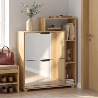 HOMCOM Schuhschrank 10 Paar, Schuhschrank, Spiegeltür, 2 Klappfächer und offene Fächer, Eiche(m-6)