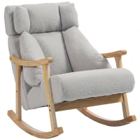 HOMCOM Fauteuil à bascule rembourré en bouclé avec appuie-tête réglable et pieds en bois 65x98x88 cm Gris clair(m-1)