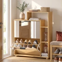 HOMCOM Schuhschrank 10 Paar, Schuhschrank, Spiegeltür, 2 Klappfächer und offene Fächer, Eiche(m-2)