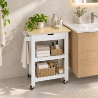 HOMCOM Kitchen Trolley Utility Cart on Wheels with Rubberwood Worktop, Towel Rack, Storage Shelves & Drawer for Dining Room(m-8)